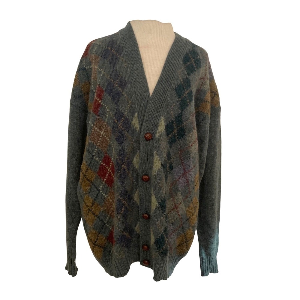 VTG Marks & Spencer Pure New Wool Argyle‎ Cardigan Mens L/XL Grey Multi Color